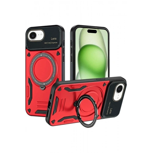 Mey İthalat®  iPhone 16E Kılıf Joy Lens Standlı Kapak - Kırmızı