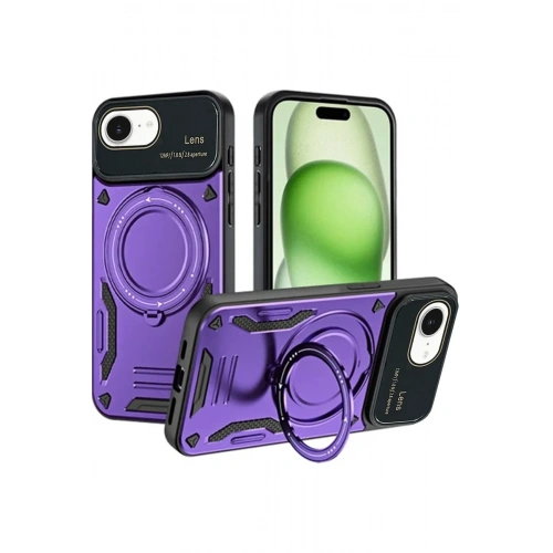 Mey İthalat®  iPhone 16E Kılıf Joy Lens Standlı Kapak - Mor