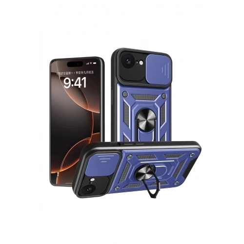 Mey İthalat®  iPhone 16E Kılıf Pars Lens Yüzüklü Silikon - Lacivert