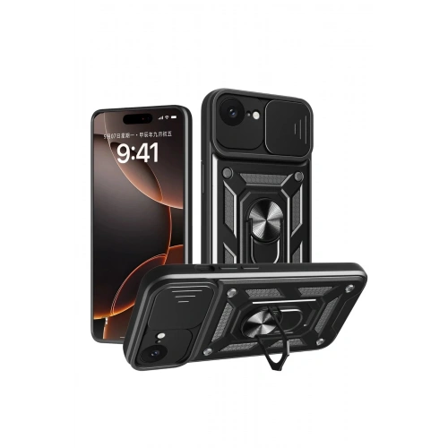 Mey İthalat®   iPhone 16E Kılıf Pars Lens Yüzüklü Silikon - Siyah