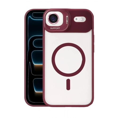 Mey İthalat®   iPhone 17 Air Remim Lensli Magsafe Standlı Kapak - Bordo