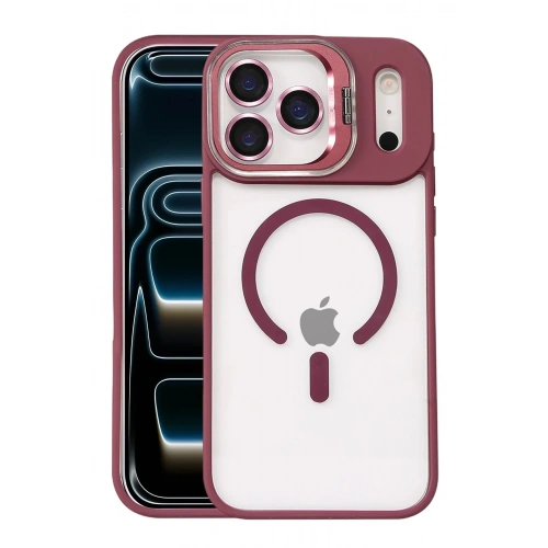 Mey İthalat®   iPhone 17 Pro Max Remim Lensli Magsafe Standlı Kapak - Bordo