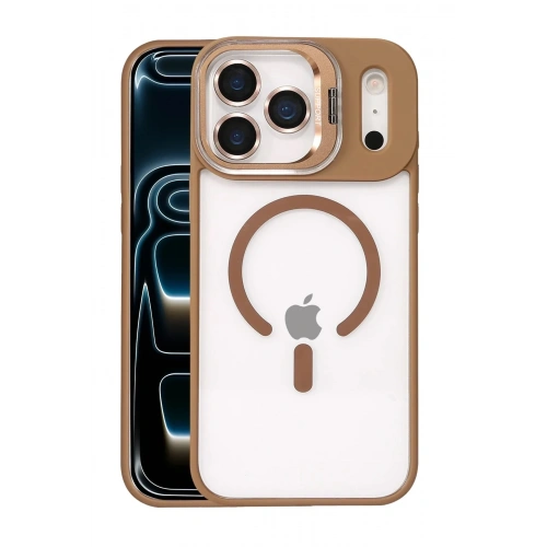 Mey İthalat®   iPhone 17 Pro Max Remim Lensli Magsafe Standlı Kapak - Kahverengi