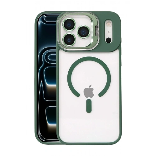 Mey İthalat®   iPhone 17 Pro Max Remim Lensli Magsafe Standlı Kapak - Koyu Yeşil