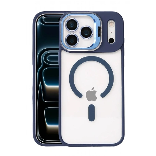 Mey İthalat®   iPhone 17 Pro Max Remim Lensli Magsafe Standlı Kapak - Lacivert