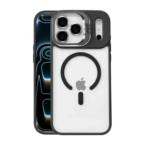 Mey İthalat®   iPhone 17 Pro Max Remim Lensli Magsafe Standlı Kapak - Siyah