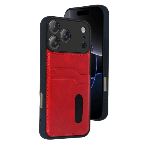 Mey İthalat®   iPhone 17 Pro Sara Kartvizitli Deri Kılıf - Kırmızı