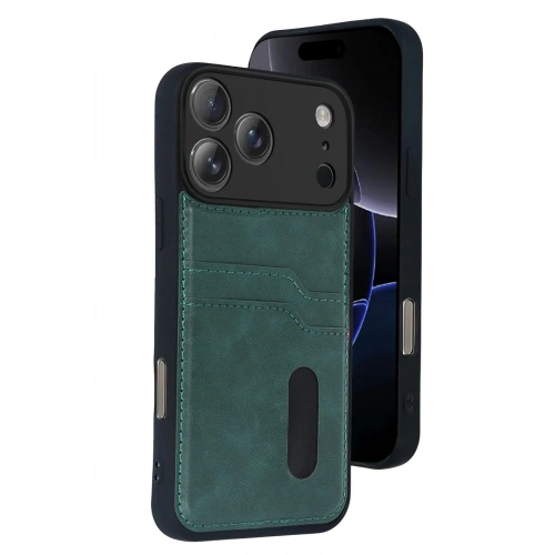 Mey İthalat®   iPhone 17 Pro Sara Kartvizitli Deri Kılıf - Yeşil