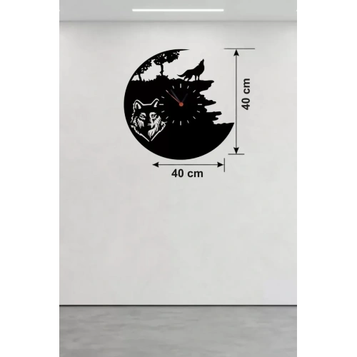 Mey İthalat® Kurt Temalı Lazer Kesim Ahşap Duvar Saati - 40x40 cm Dekoratif