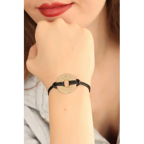 Mey İthalat® LOVE (Aşık) Siyah Deri İpli Unisex Mood Bileklik