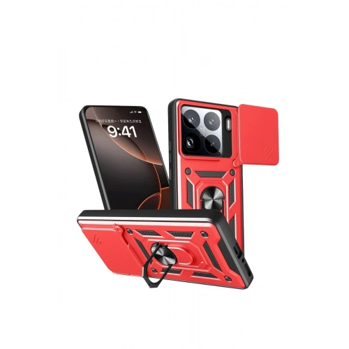 Mey İthalat®   Mi 15 Pro Kılıf Pars Lens Yüzüklü Silikon - Kırmızı
