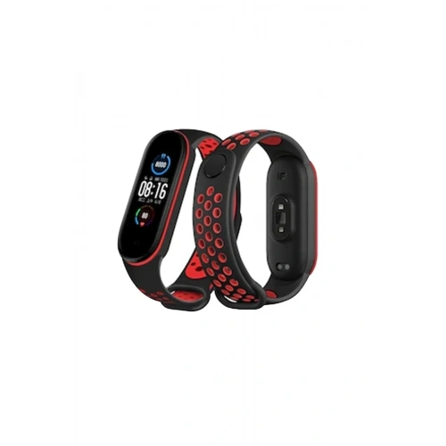 Mey İthalat®   Mi Band 6 Spor Delikli Kordon - Siyah-Kırmızı