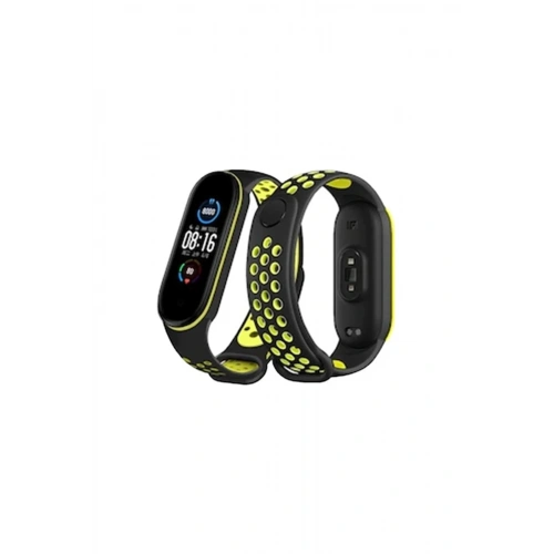 Mey İthalat®   Mi Band 7 Spor Delikli Kordon - Siyah-Yeşil