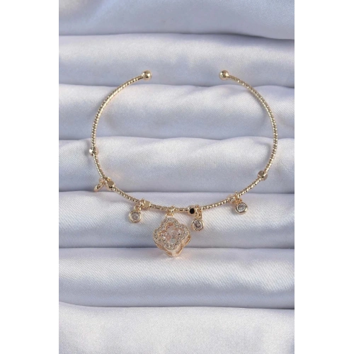 Mey İthalat® Pirinç Altın Renk Zirkon Taşlı Yonca Model Charm Bileklik