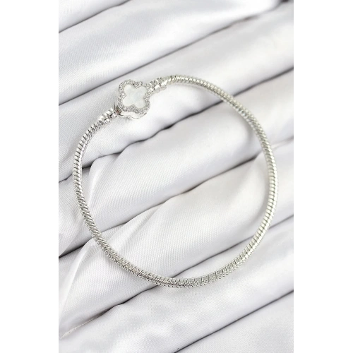 Mey İthalat® Pirinç Charm Zirkon Taşlı Yonca Model Gümüş Renk Kadın Bileklik