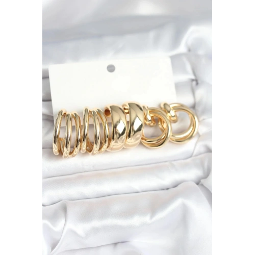 Mey İthalat® Pirinç Gold Renk 3 Çift Vintage Kadın Küpe Seti