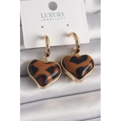 Mey İthalat® Pirinç Gold Renk 3D Kalp Leopar Desen Model Kadın Küpe