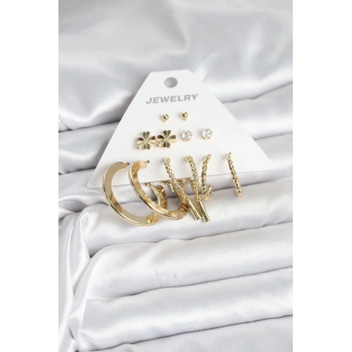 Mey İthalat® Pirinç Gold Renk 6 Çift Kadın Küpe Seti