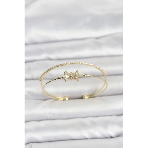 Mey İthalat® Pirinç Gold Renk Baget Zirkon Taşlı Objeli Kadın Bileklik