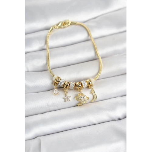 Mey İthalat® Pirinç Gold Renk Charmlı Kadın Bileklik
