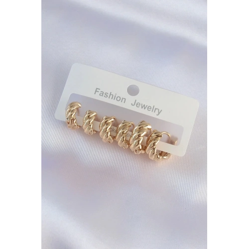 Mey İthalat® Pirinç Gold Renk Minimal Tırtıklı Küpe Seti