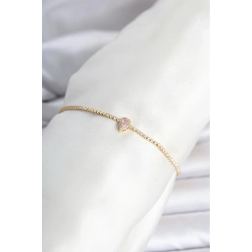 Mey İthalat® Pirinç Gold Renk Pembe Damla Model Su Yolu Kadın Bileklik