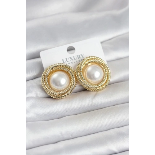 Mey İthalat® Pirinç Gold Renk Sarmal Model İncili Kadın Küpe