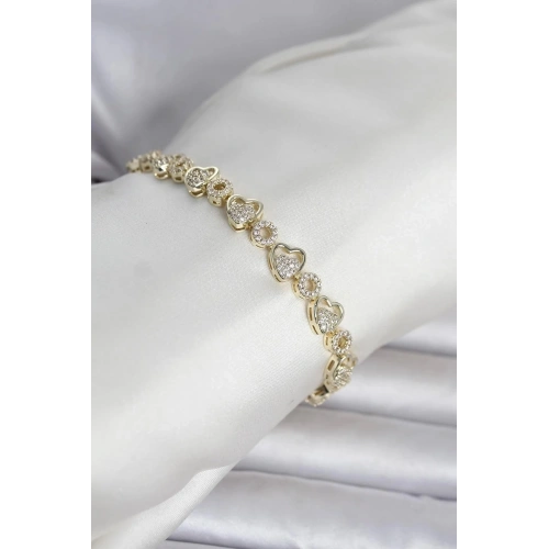 Mey İthalat® Pirinç Gold Renk Zirkon Taşlı Kalp Model Kadın Bileklik