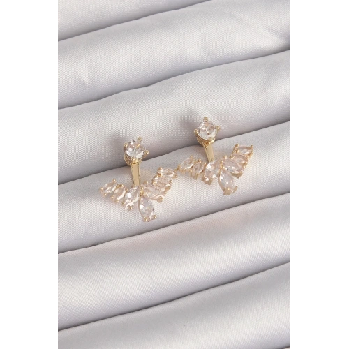 Mey İthalat® Pirinç Gold Renk Zirkon Taşlı V Model Küpe