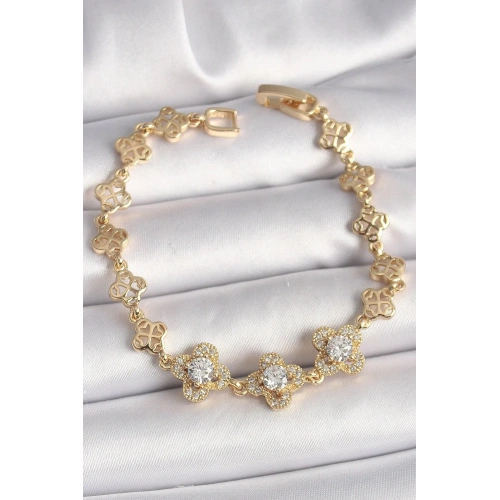 Mey İthalat® Pirinç Gold Renk Zirkon Taşlı Yonca Model Kadın Bileklik