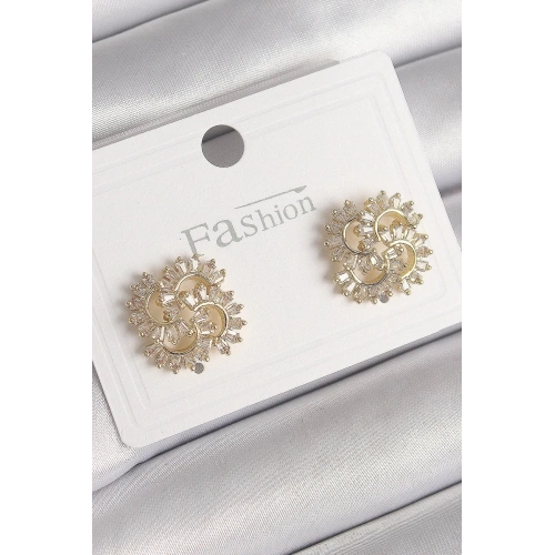 Mey İthalat® Pirinç Gold Renk Zirkon Taşlı Yonca Model Kadın Küpe
