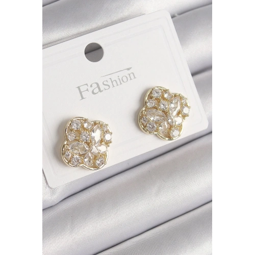 Mey İthalat® Pirinç Gold Renk Zirkon Taşlı Yonca Model Kadın Küpe