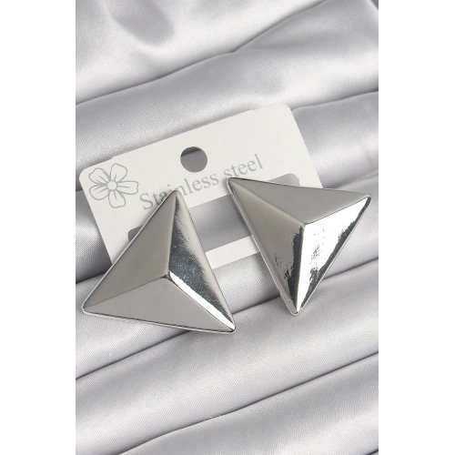 Mey İthalat® Pirinç Gümüş Renk 3D Üçgen Model Kadın Küpe