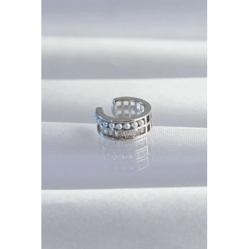Mey İthalat® Pirinç Gümüş Renk İncili Baget Taşlı Earcuff Küpe