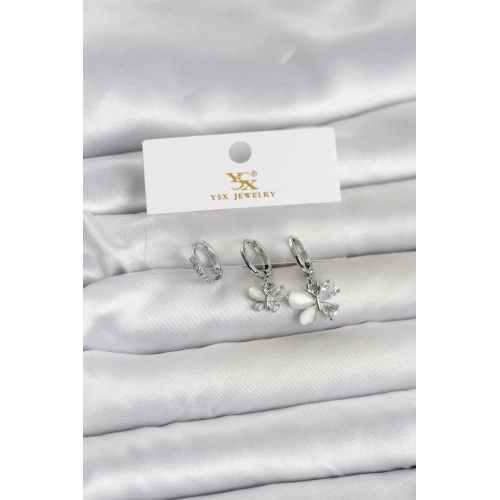 Mey İthalat® Pirinç Gümüş Renk Kelebek Model 3lü Kadın Küpe