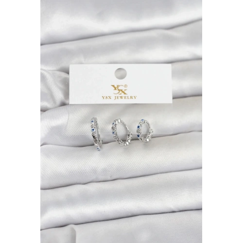 Mey İthalat® Pirinç Gümüş Renk Nazarlı Model 3lü Kadın Küpe