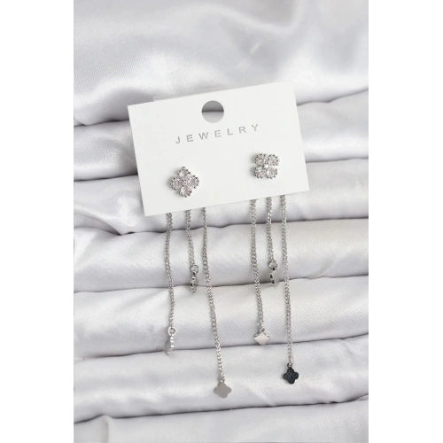 Mey İthalat® Pirinç Gümüş Renk Yonca Model Sallantılı Kadın Küpe