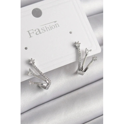 Mey İthalat® Pirinç Gümüş Renk Zirkon Taşlı Kadın Küpe