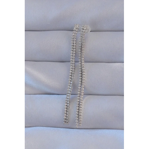 Mey İthalat® Pirinç Gümüş Renk Zirkon Taşlı Su Yolu Model Küpe