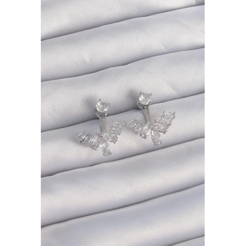 Mey İthalat® Pirinç Gümüş Renk Zirkon Taşlı V Model Küpe