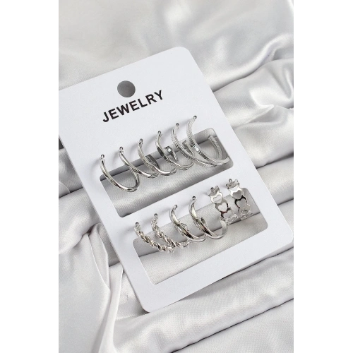 Mey İthalat® Pirinç Karışık Halka Model Gümüş Renk 6 Çift Kadın Küpe Set