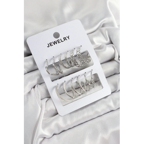 Mey İthalat® Pirinç Karışık Halka Model Gümüş Renk 6 Çift Kadın Küpe Set