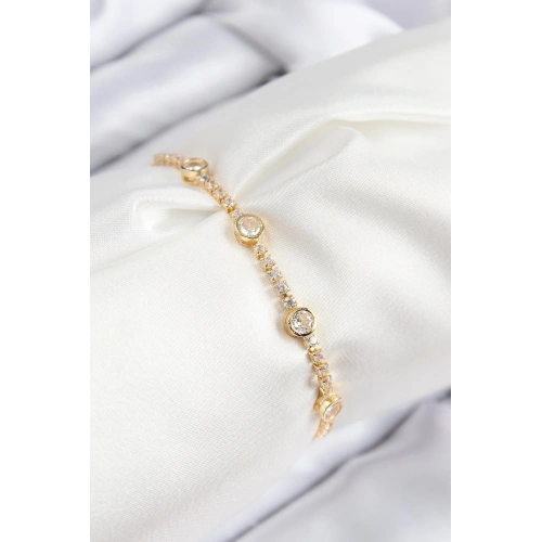 Mey İthalat® Pirinç Zirkon Taşlı Daire Model Gold Renk Asansörlü Kadın Bileklik