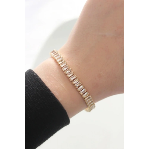 Mey İthalat® Pirinç Zirkon Taşlı Gold Renk Su Yolu Bileklik