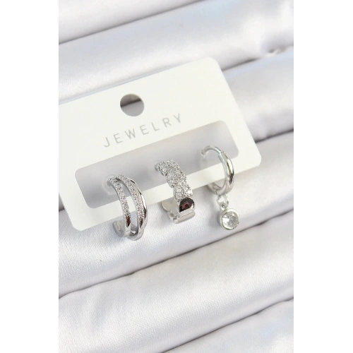 Mey İthalat® Pirinç Zirkon Taşlı Halka Model Gümüş Renk 3lü Çift Kadın Küpe Set