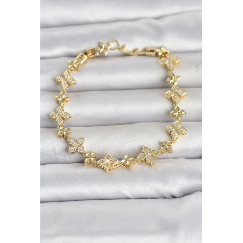 Mey İthalat® Pirinç Zirkon Taşlı Yonca Model Gold Renk Kadın Bileklik