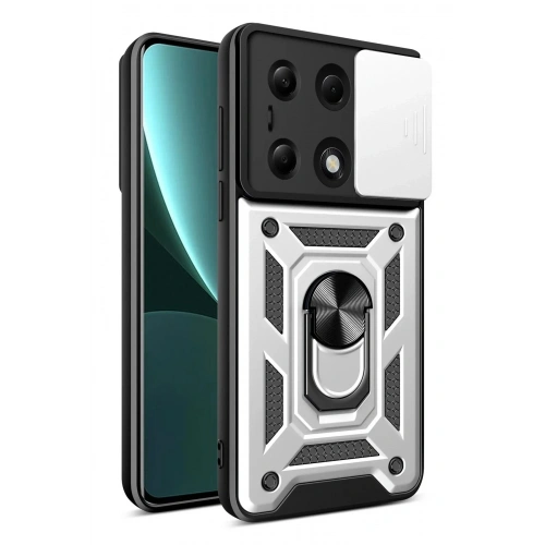 Mey İthalat®   Poco M6 Pro 4G Kılıf Pars Lens Yüzüklü Silikon - Gümüş