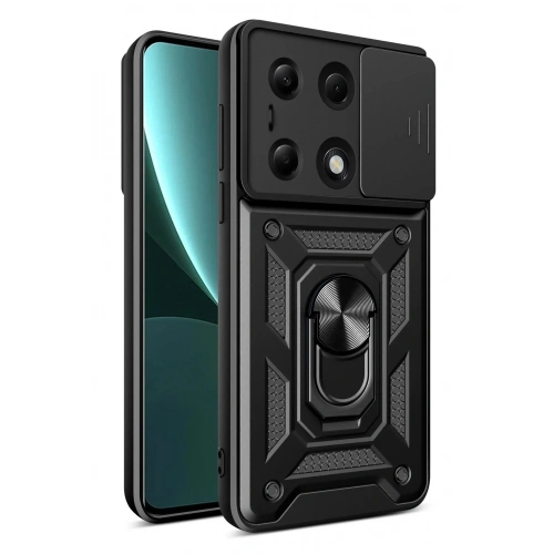 Mey İthalat®   Poco M6 Pro 4G Kılıf Pars Lens Yüzüklü Silikon - Siyah