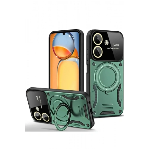 Mey İthalat®   Redmi 13C Kılıf Joy Lens Standlı Kapak - Koyu Yeşil