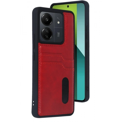Mey İthalat®   Redmi 13C Kılıf Sara Kartvizitli Deri Kılıf - Kırmızı